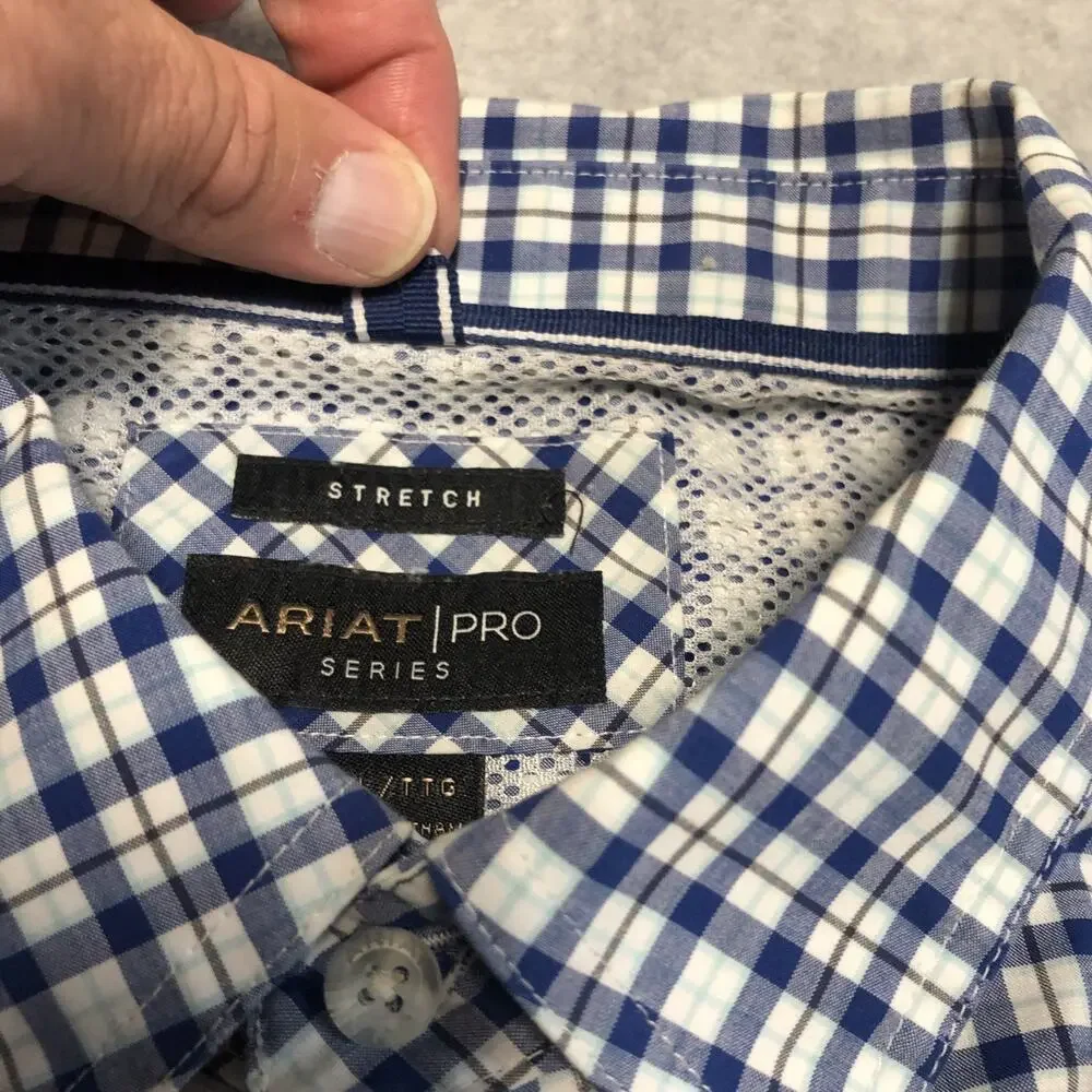 Ariat Pro Series Shirt Mens 2XL Blue White Checked Button Down Western Workwear - Picture 11 of 14